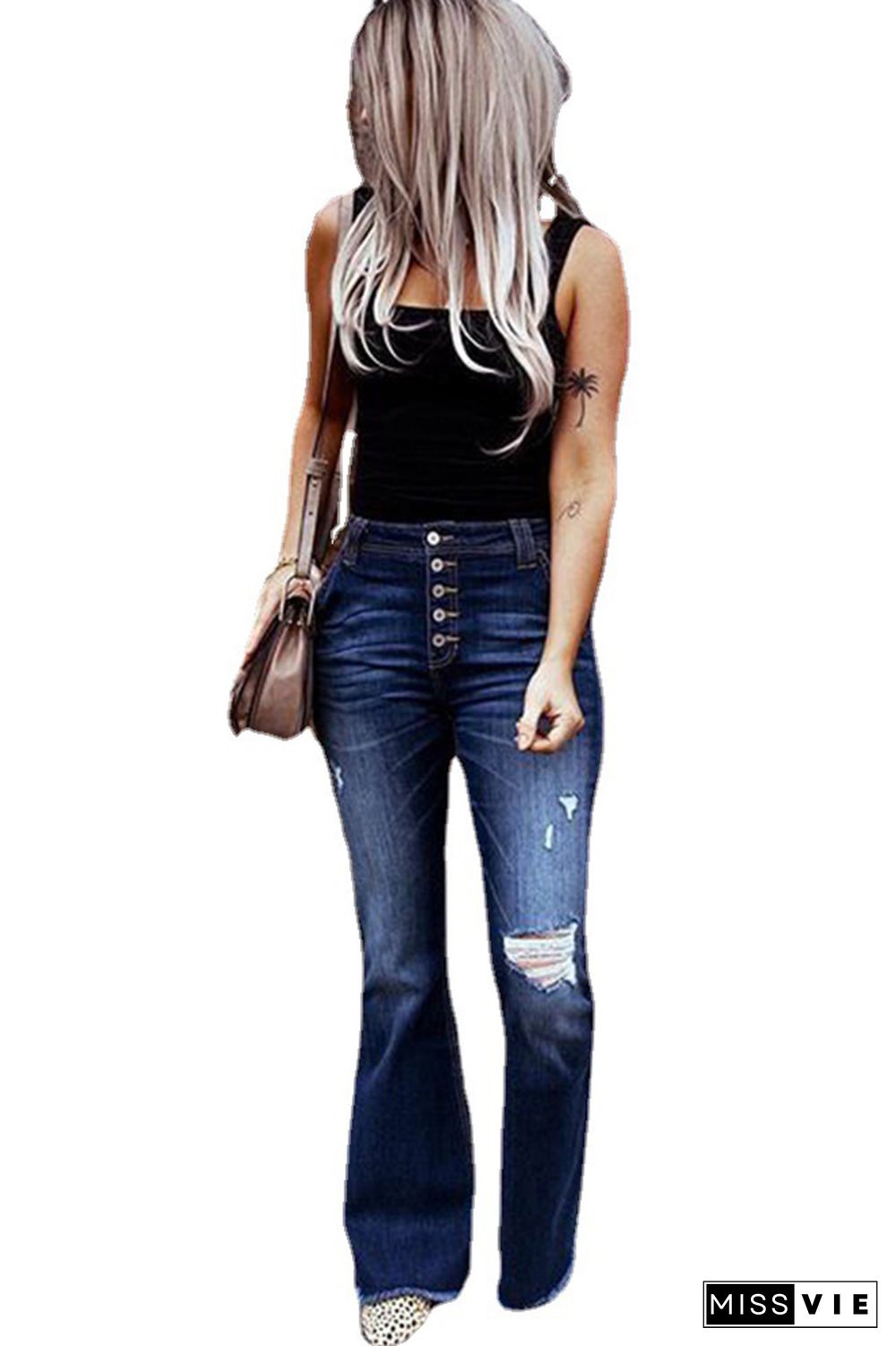 High Waist Hole Bell Bottom Pants Jeans