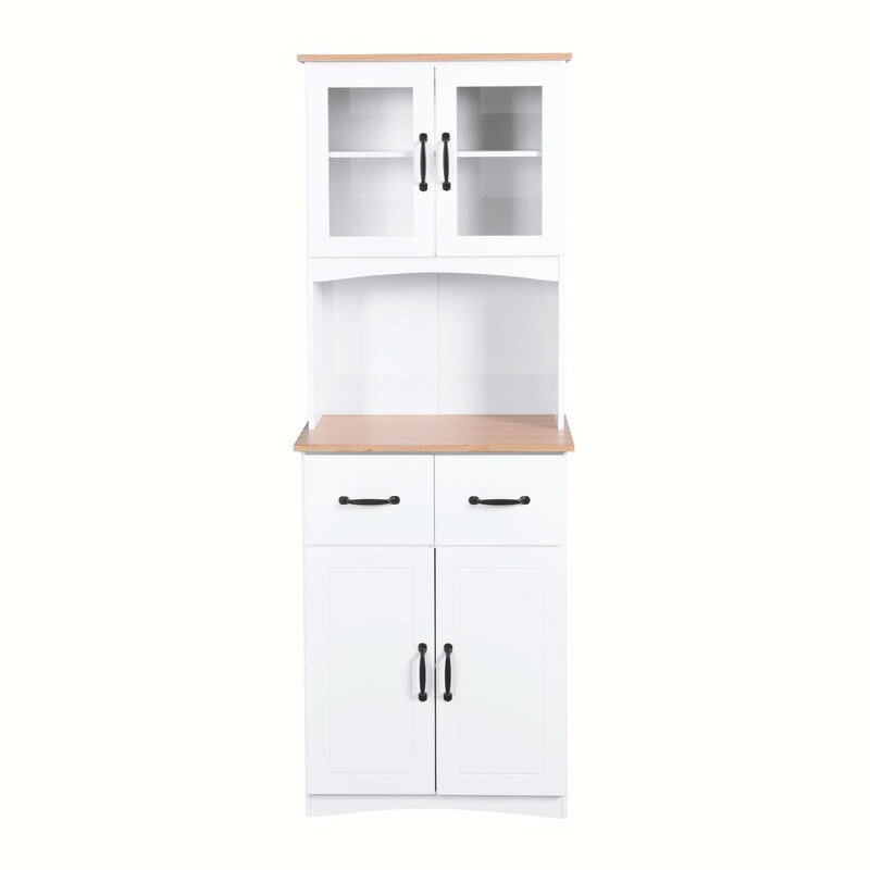 White Pantry Room Storage Microwave Cabinet with Framed Glass Doors and Drawer