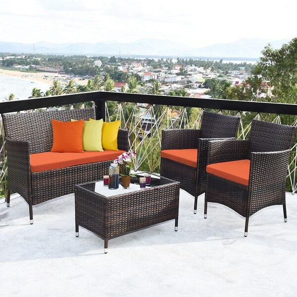 Costway 4PCS Rattan Patio Furniture Set Cushioned Sofa Chair Coffee