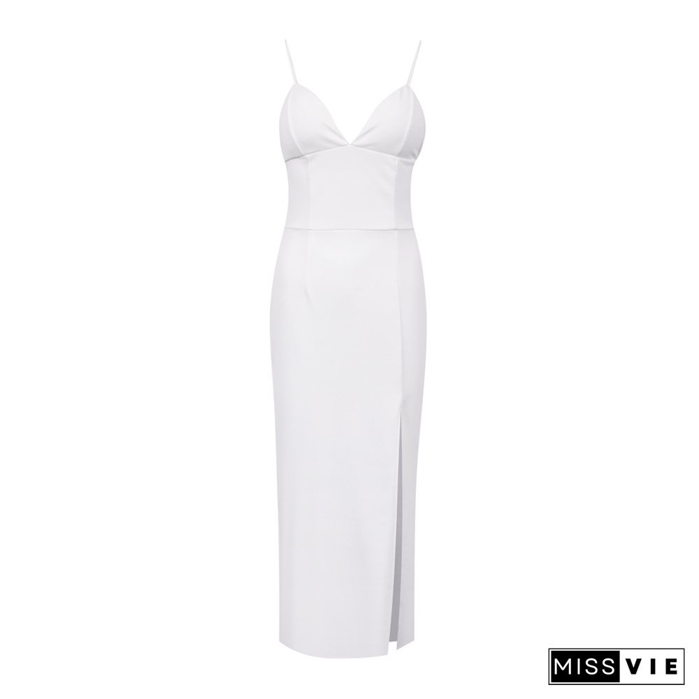 White V-Neck Spaghetti Strap Bodycon Midi DressesFor Women Summer Elegant Sexy Split Backless Evening Long Party Dress