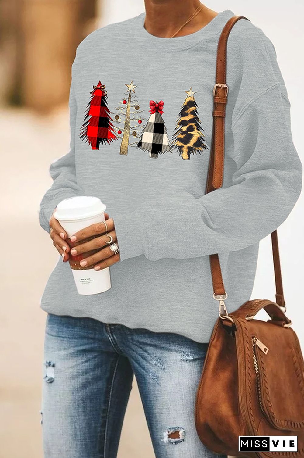 Christmas Print Essencial O-neck Long Sleeve Sweatshirts Women Wholesale