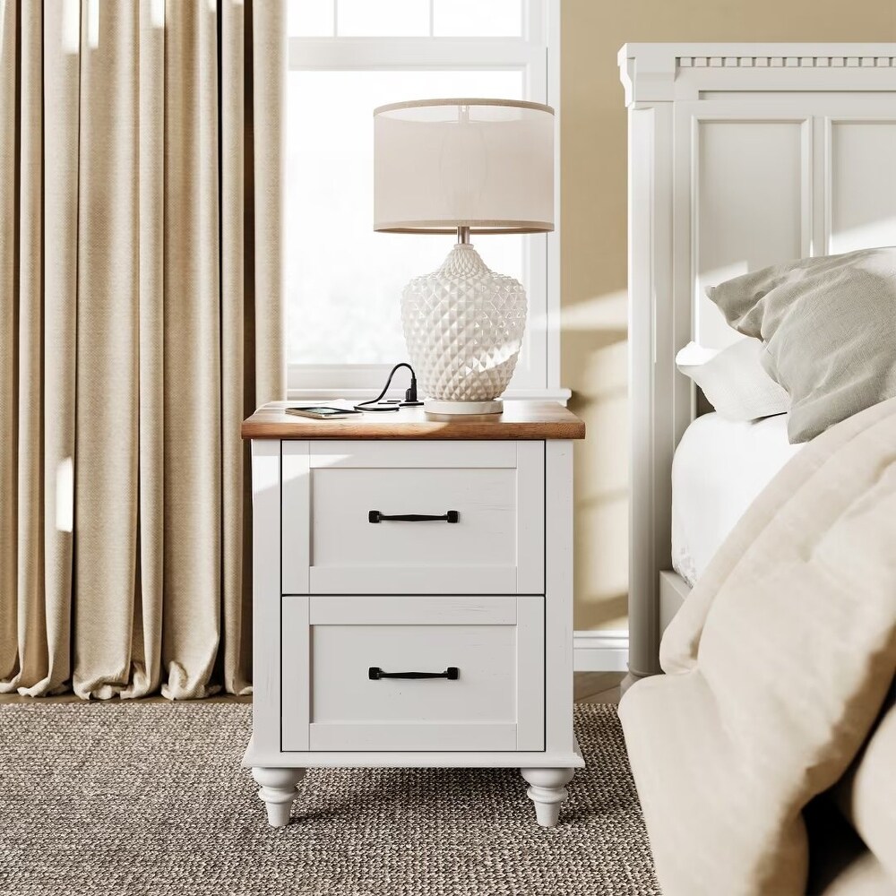 White Nightstand with Charging Station  2 Drawer End Table (Set of 2)