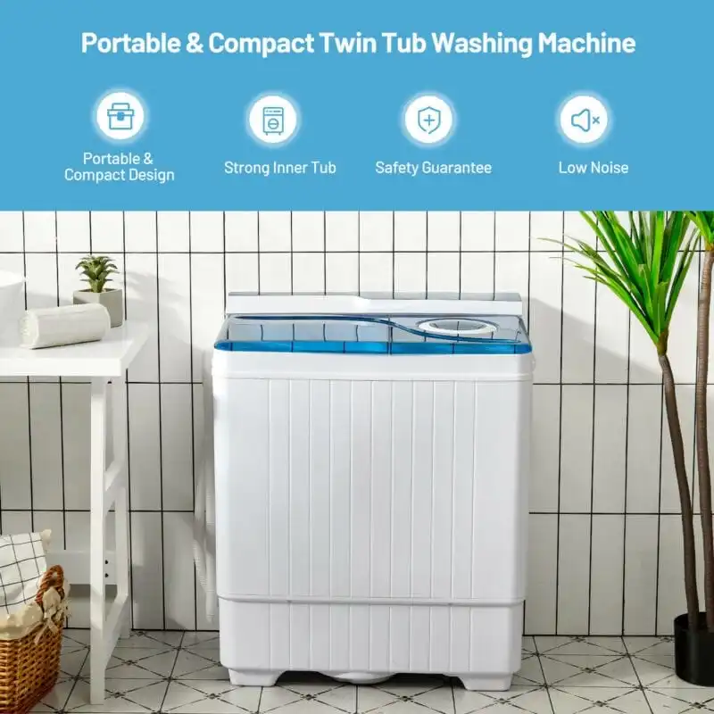 26lbs Portable Semi-automatic Washing Machine with Built-in Drain Pump Twin Tub Washer Spinner Combo