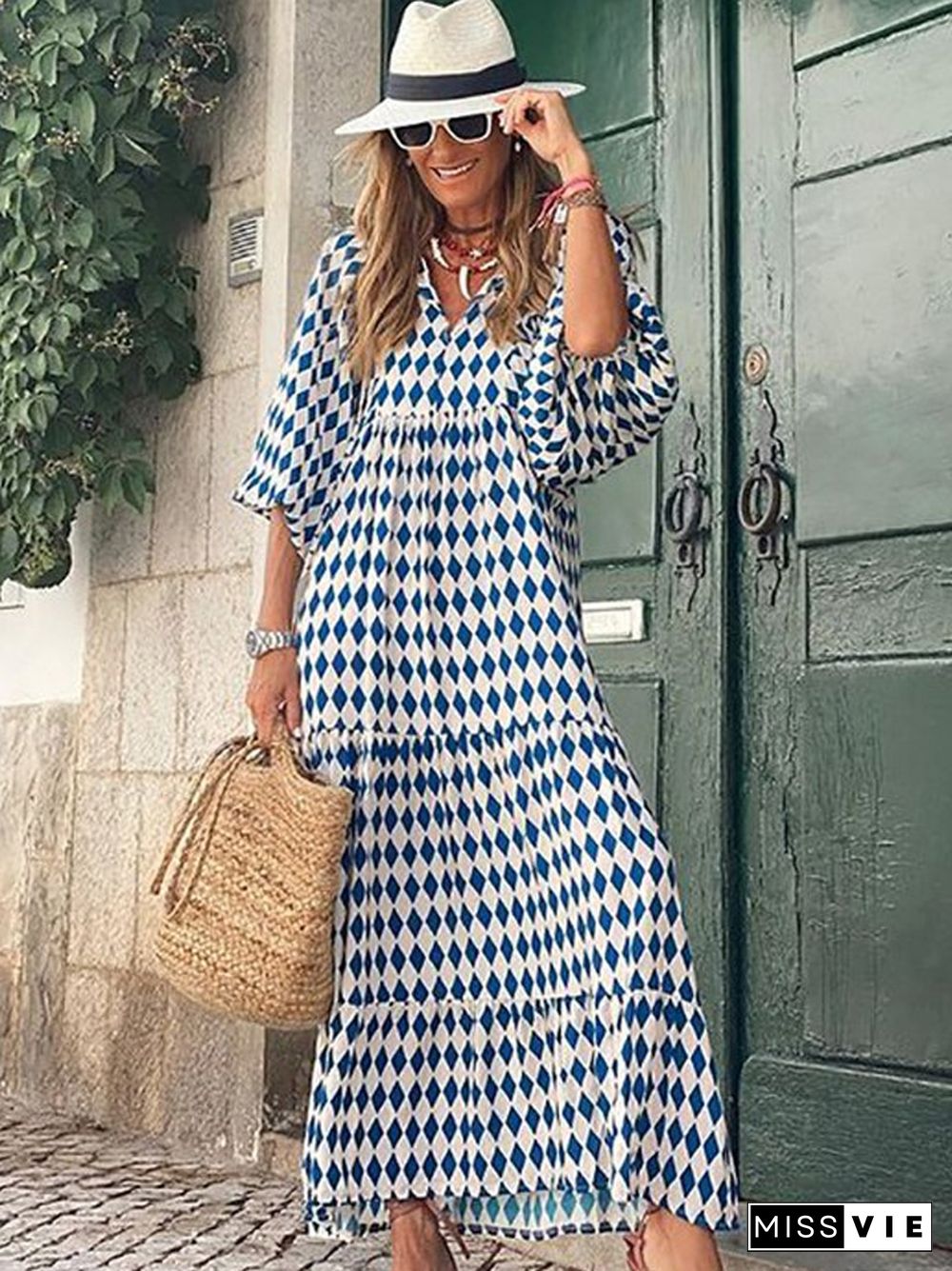 Geometric Collage Bubble Sleeve Dress Plus Size Women's Dress