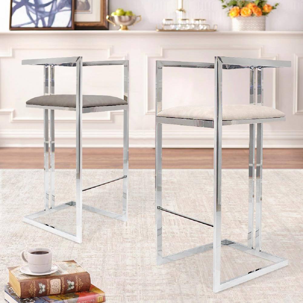 Pasargad Home Luxe 18 In. Silver Steel Frame Bar Stool with Faux Leather Seat Y-1038A