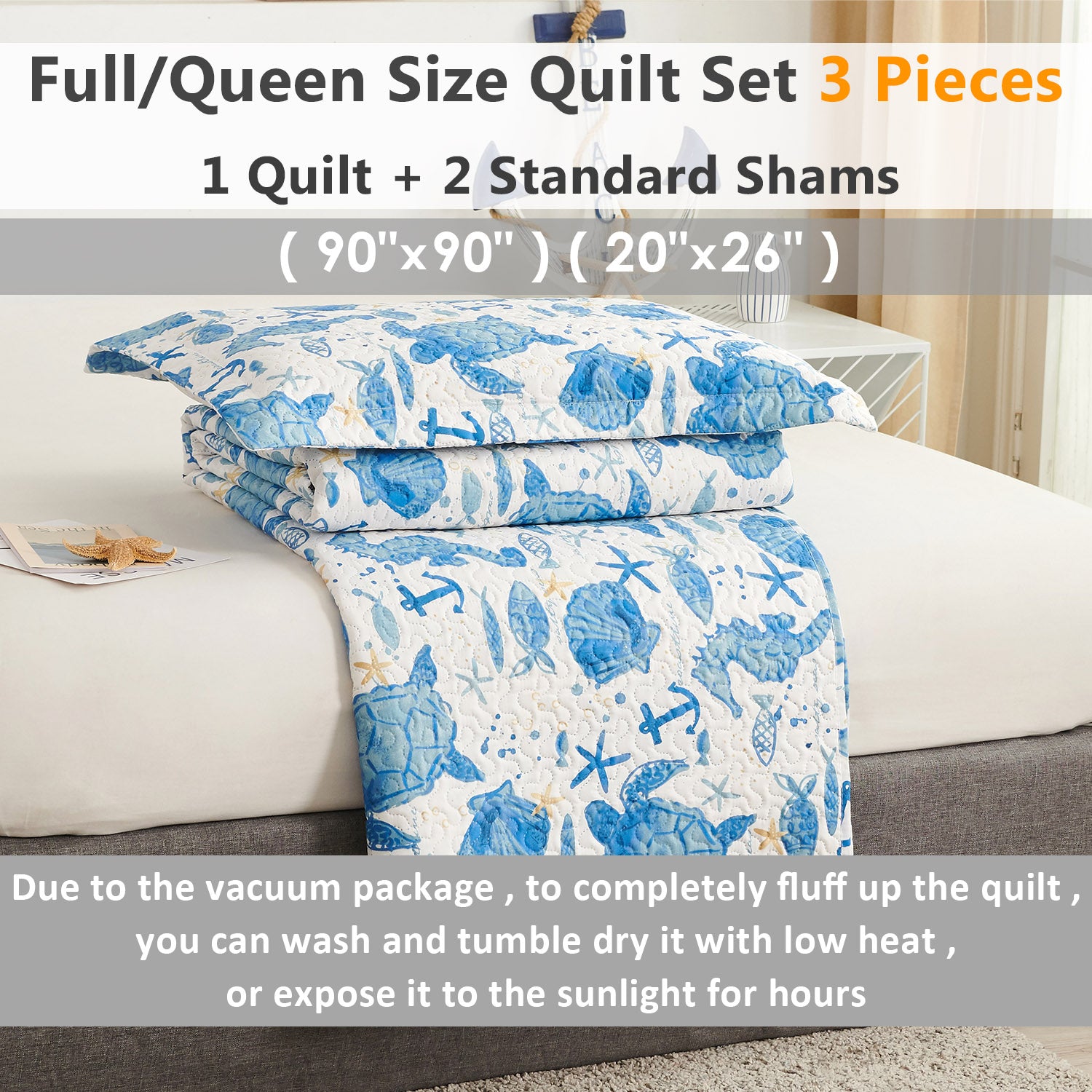 Jessy Home Ocean Quilt Queen/Full Blue Turtle Bedding Microfiber Bedspread Coverlet Set