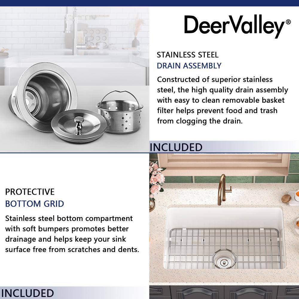 DEERVALLEY Glen White Fireclay Rectangular 27 in. Single Bowl Undermount Kitchen Sink with Bottom Grid and Basket Strainer DV-1K509