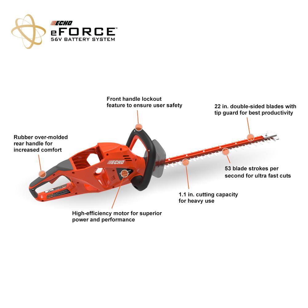 ECHO eFORCE 22 in. 56V Cordless Battery Hedge Trimmer with 2.5Ah Battery and Charger DHC-2300C1