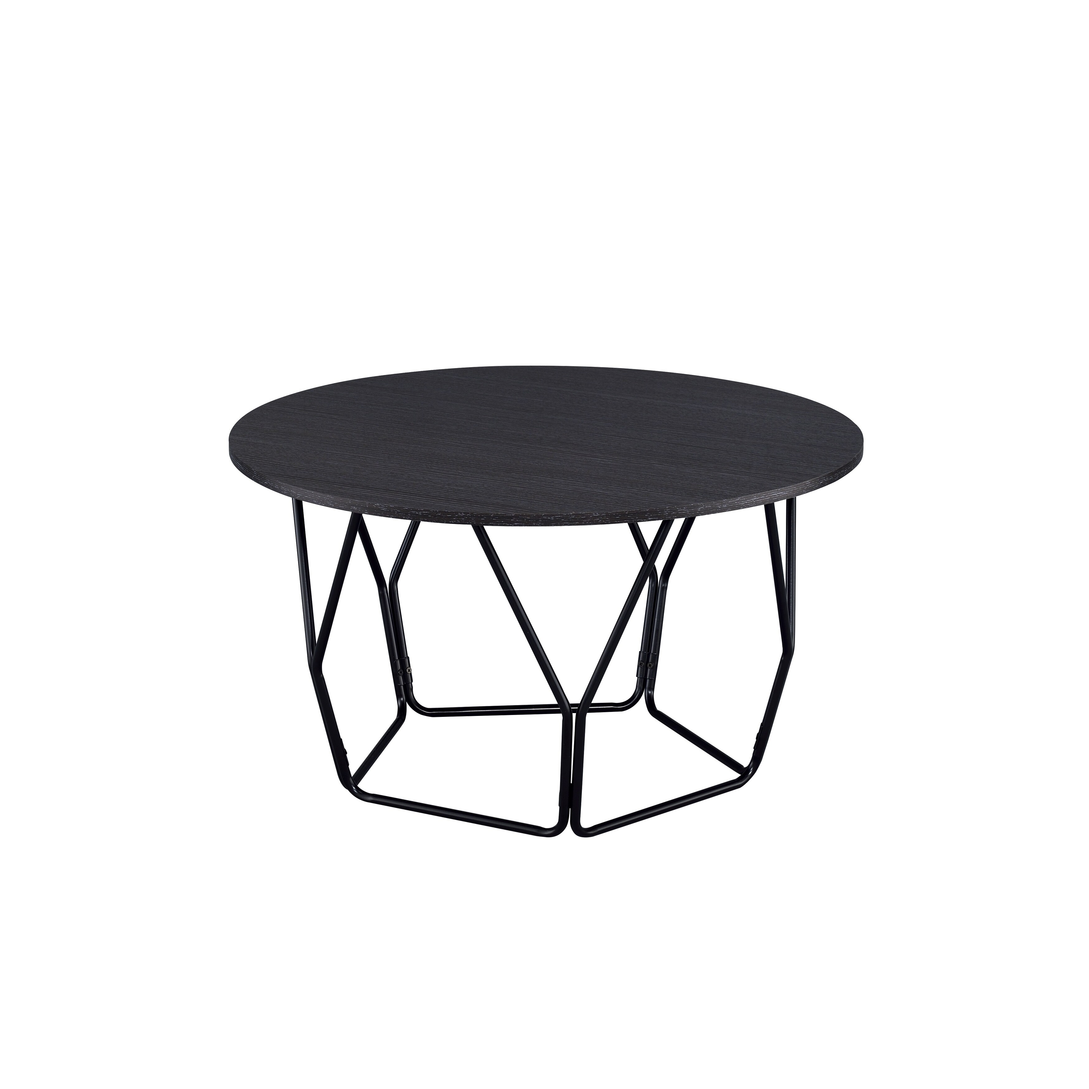 Industrial Round Top Wooden Coffee Table with Geometric Base， Black