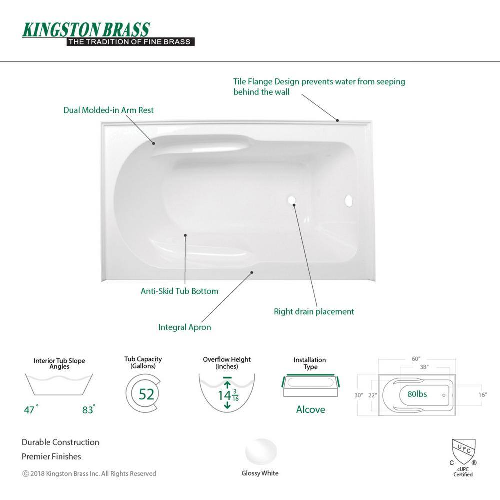 Kingston Brass Aqua Eden Margaret 60 in. Acrylic Right-Hand Drain Rectangular Alcove Bathtub in White HHVTAP603022R