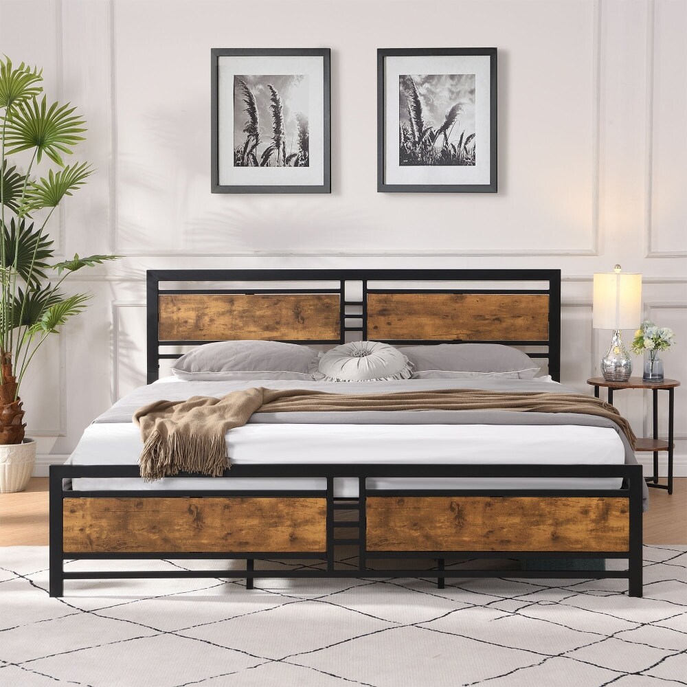 Metal Platform Bed Frame with Wood Headboard and Footboard