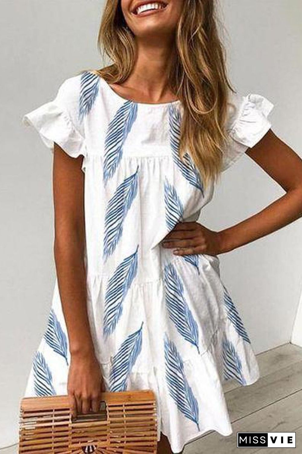 Ruffle Feather Print Casual Dress