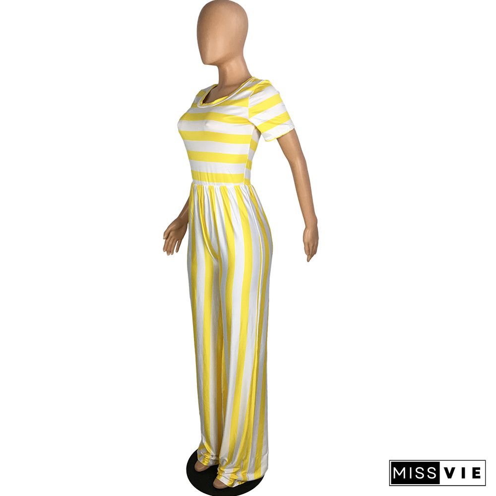 Striped Print Short Sleeve Wide Leg Jumpsuit