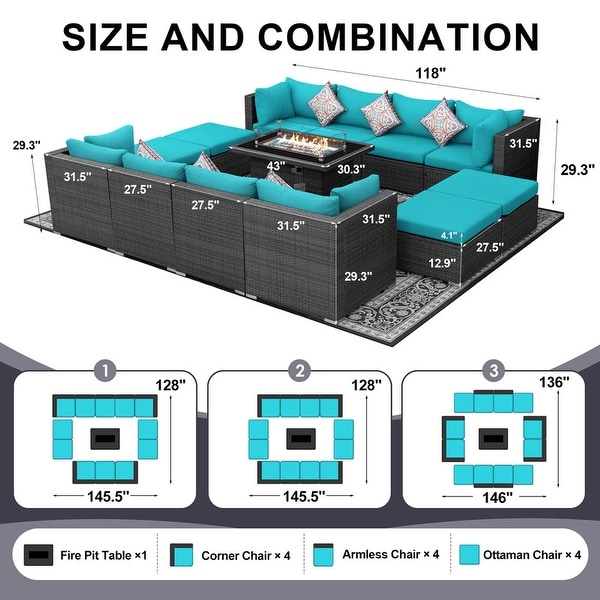 Nicesoul Outdoor Grey Wicker Sectional Furniture Patio Sofa Set with Firepit Table