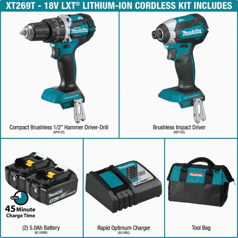 Makita 2-Tool Compact Hammer Drill Driveramp Impact Driver Cordless Tool Combo Kit