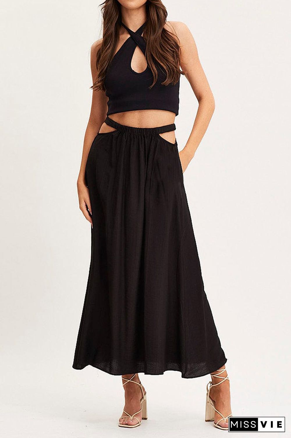 High Waist Cut Out Plain Skirt Dress