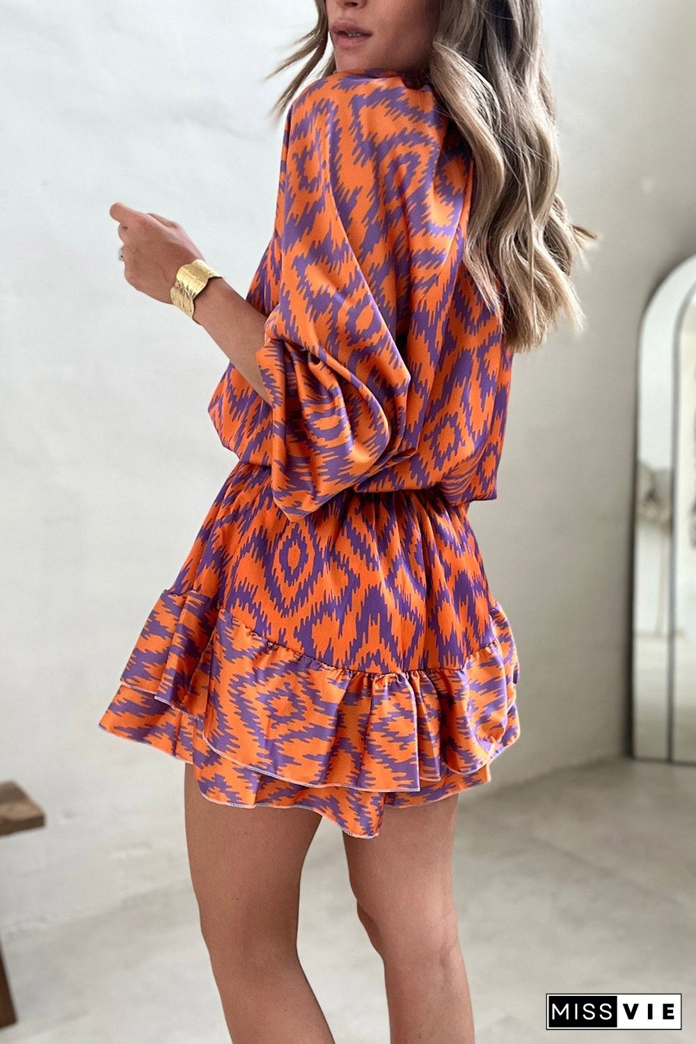 Orange Aztec Bubble Sleeve High Waist Romper