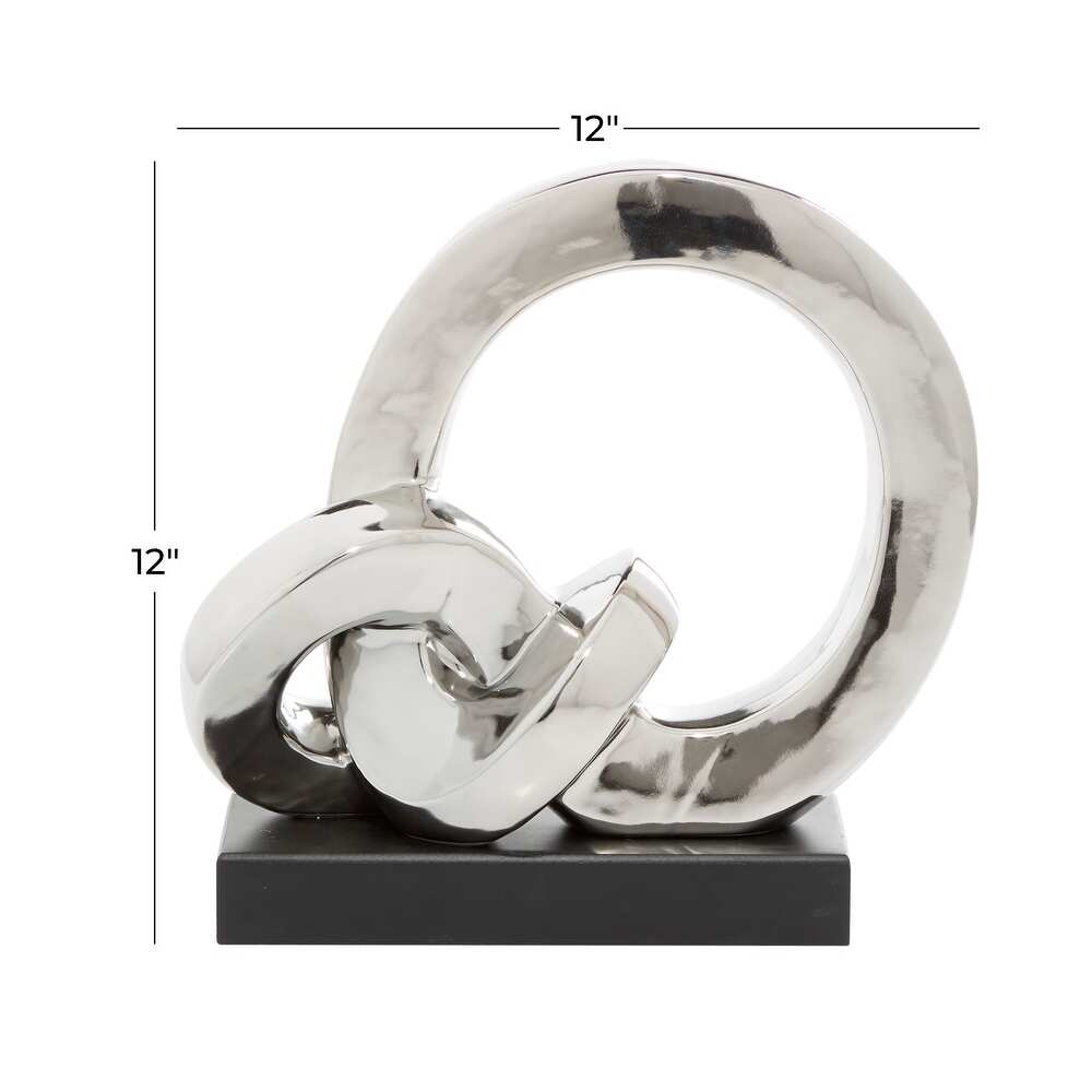 Silver Polystone Link Abstract Sculpture with Black Base   12 x 5 x 12