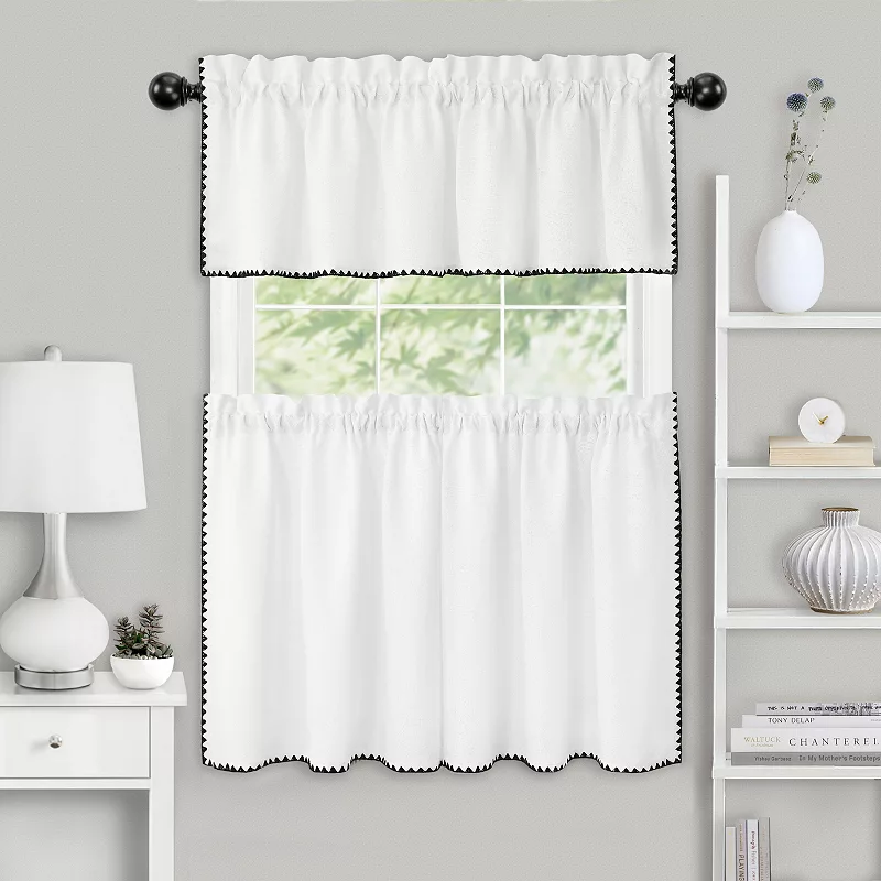 Kate Aurora Coastal Hamptons Living Complete 3 Piece Textured Kitchen Curtain Tier and Valance Set