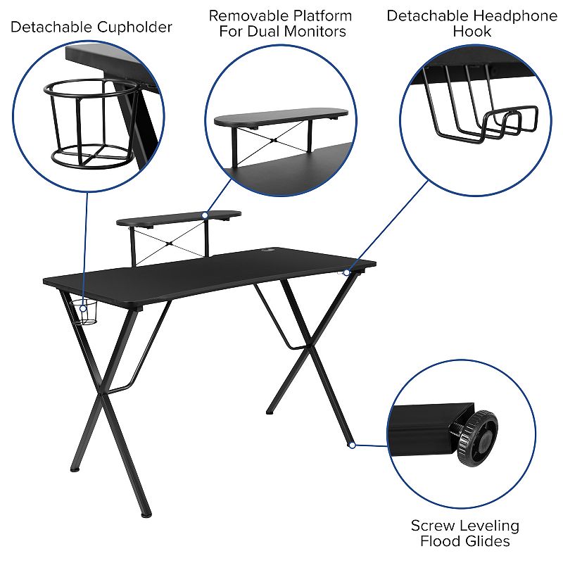 Emma and Oliver Gaming Desk and Chair Set - Cup Holder， Headphone Hook， and Monitor Stand