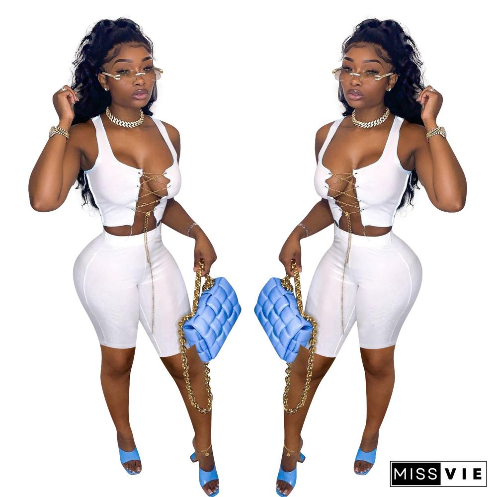 Fashion Solid Color Sleeveless Hollow Out Metal Strap Crop Top Bodycon Shorts Women Two Piece Set