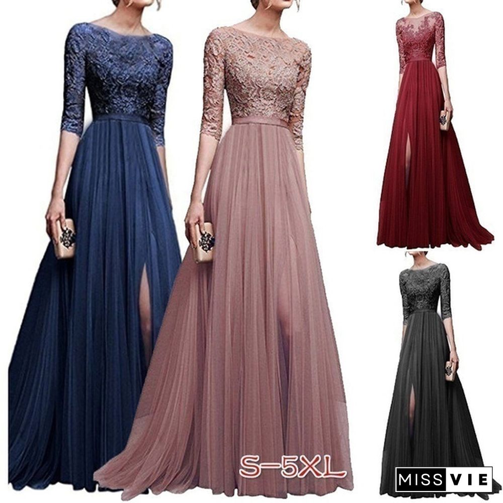 Women Long Sleeve Elegant Lace Long Dress Women A Line Tulle Party Prom Long Dress Wedding Dress Asian Size S-2XL