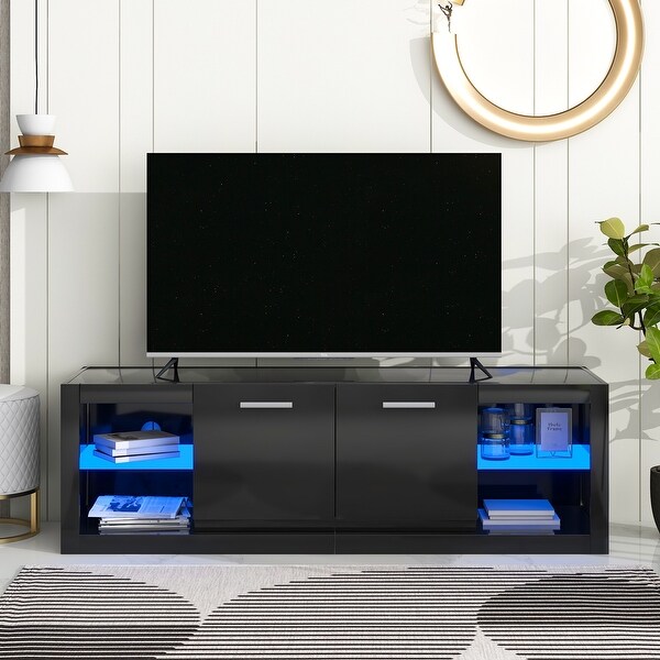 TV Cabinet with LED Lights and Tempered Glass Shelves - Modern Entertainment Center for up to 70