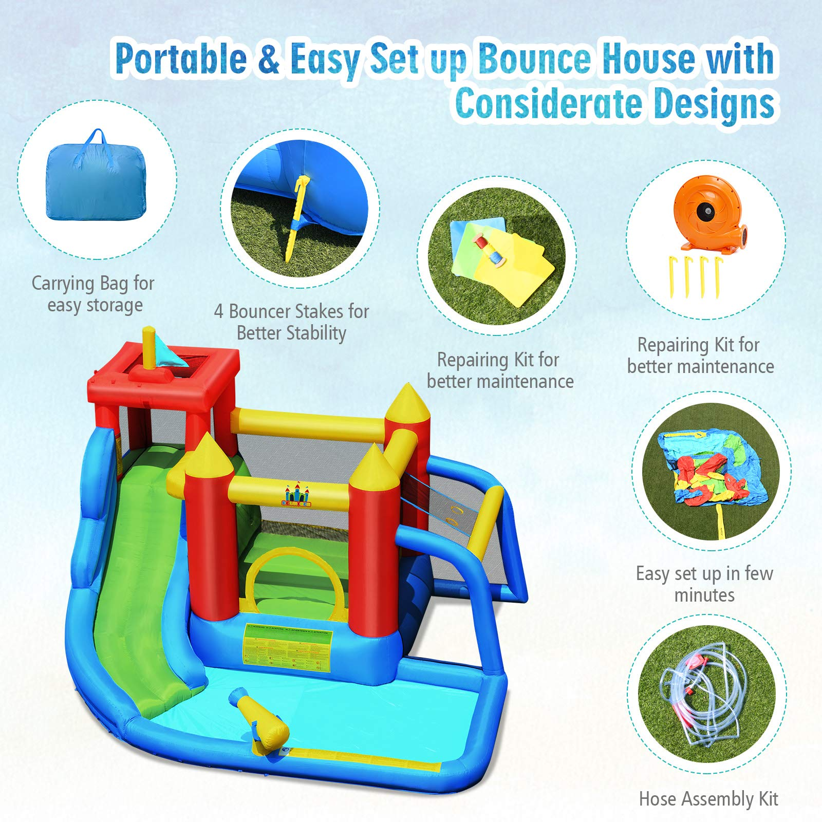 BOUNTECH Inflatable Bounce House, 7 in 1 Water Slide Park w/ Jumping Area