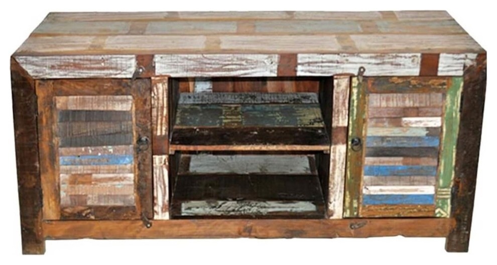 Hand Painted Patchwork Old Wood Media Stand Cabinet   Farmhouse   Entertainment Centers And Tv Stands   by Sierra Living Concepts Inc  Houzz