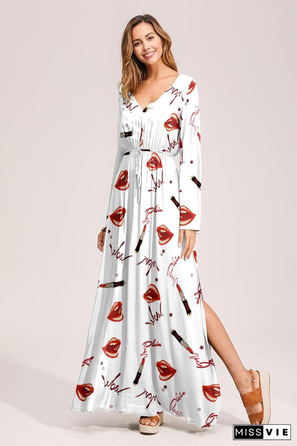 Floral Deep Long Sleeves Tie Back Ruffled Hem Maxi Dress