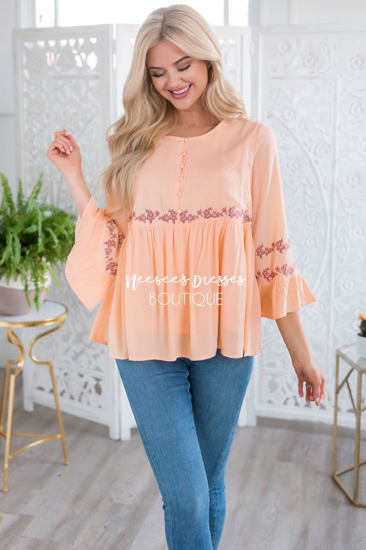 Bright Coral Flounce Embroidered Blouse