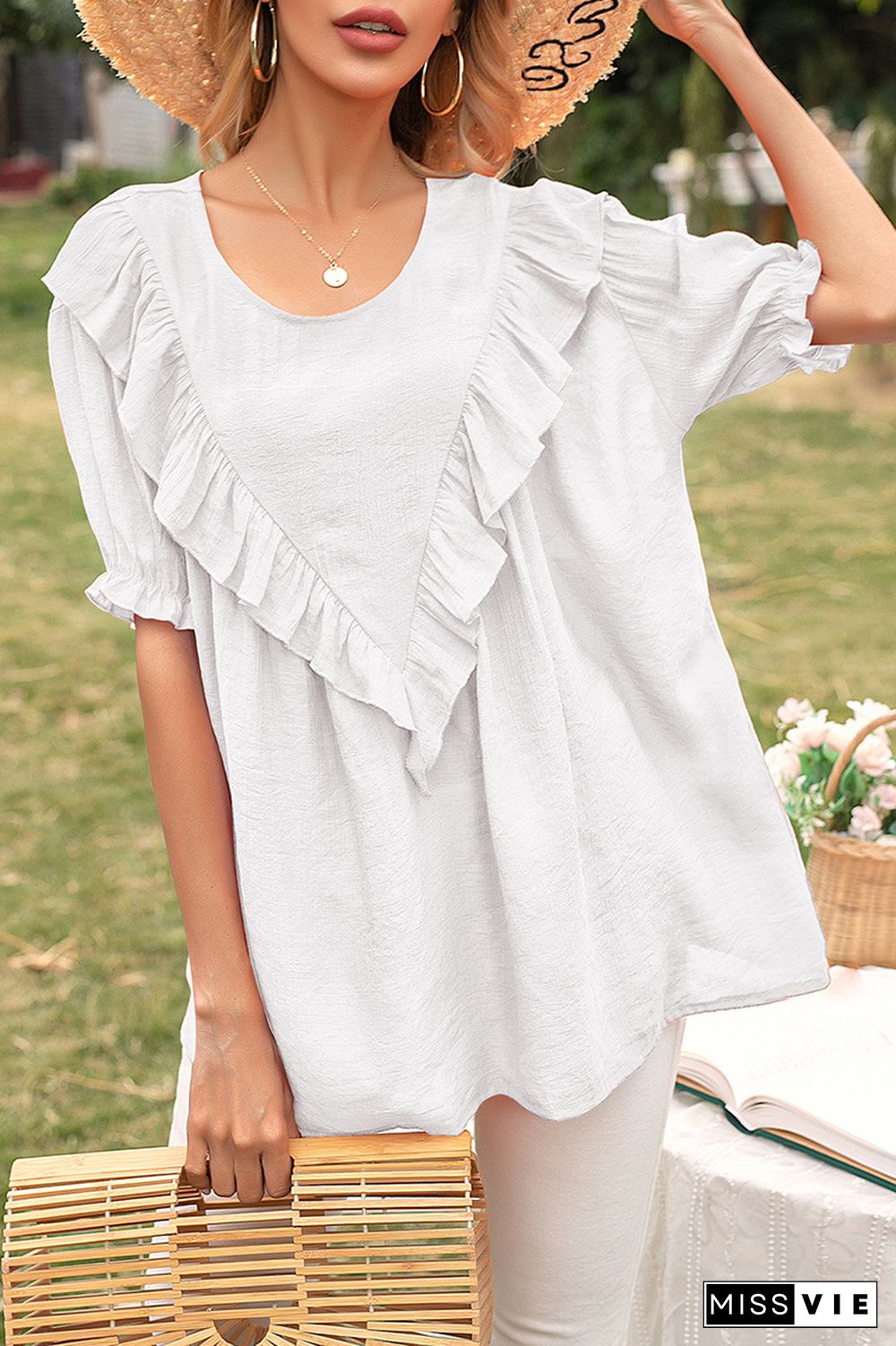 Elegant Solid Split Joint Flounce O Neck T-Shirts