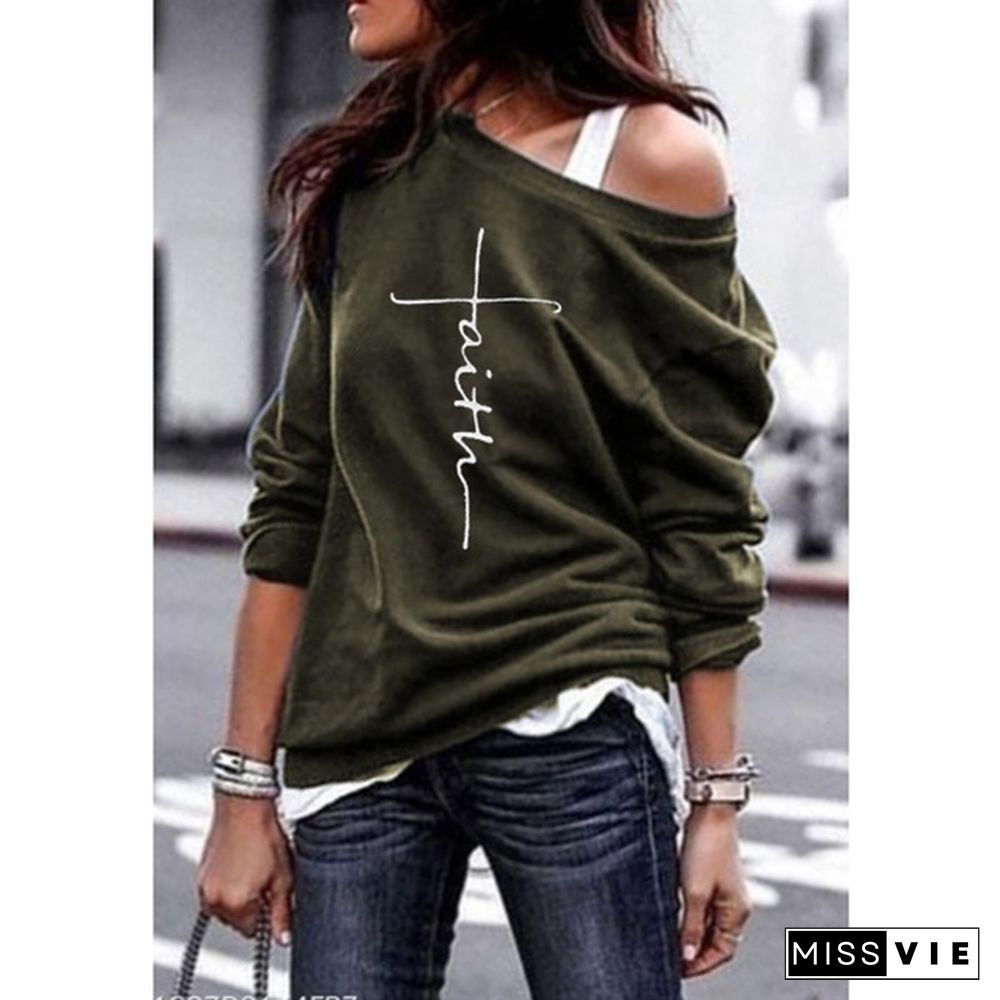 S-5XL Women Long Sleeve Faith Print Shirts Loose Casual Tops Off Shoulder Sweatshirts Women Pullovers