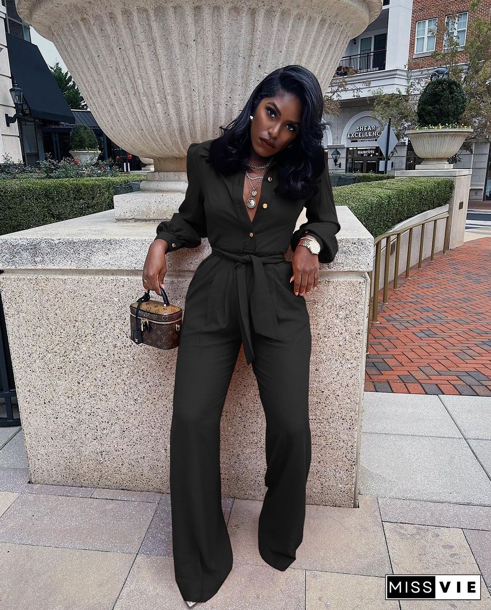 Solid Turn Down Collar Wide Leg Jumpsuit With Belt