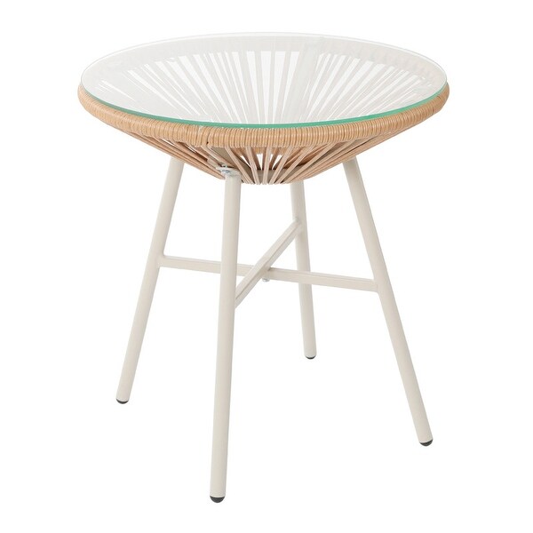 Patio PE Beige Rattan Outdoor Side Table with 5mm Tempered Glass Top