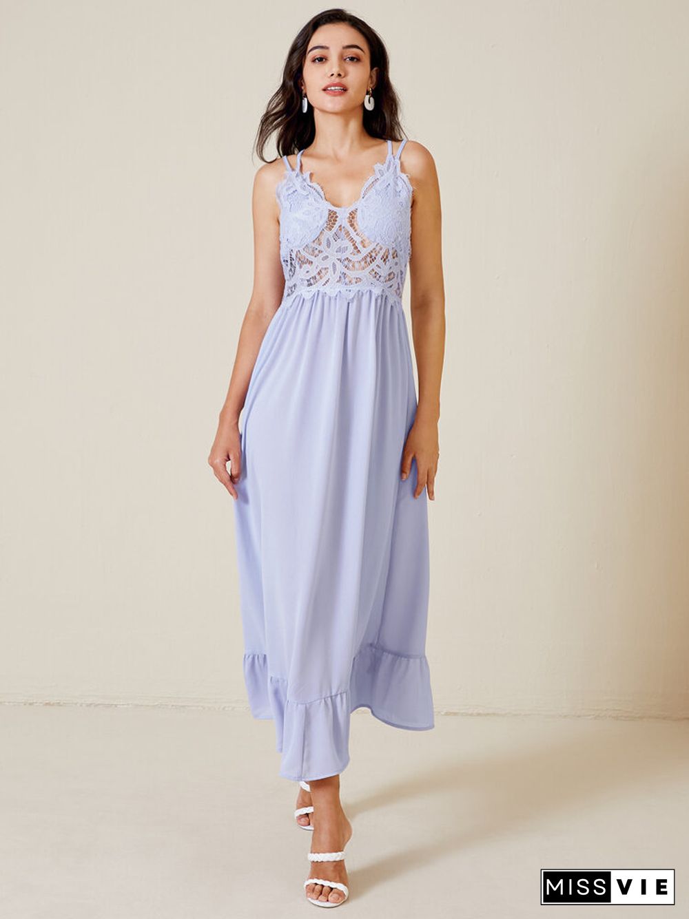 Lace Stitch Hollow Solid Criss-cross Open Back Spaghetti Maxi Dress