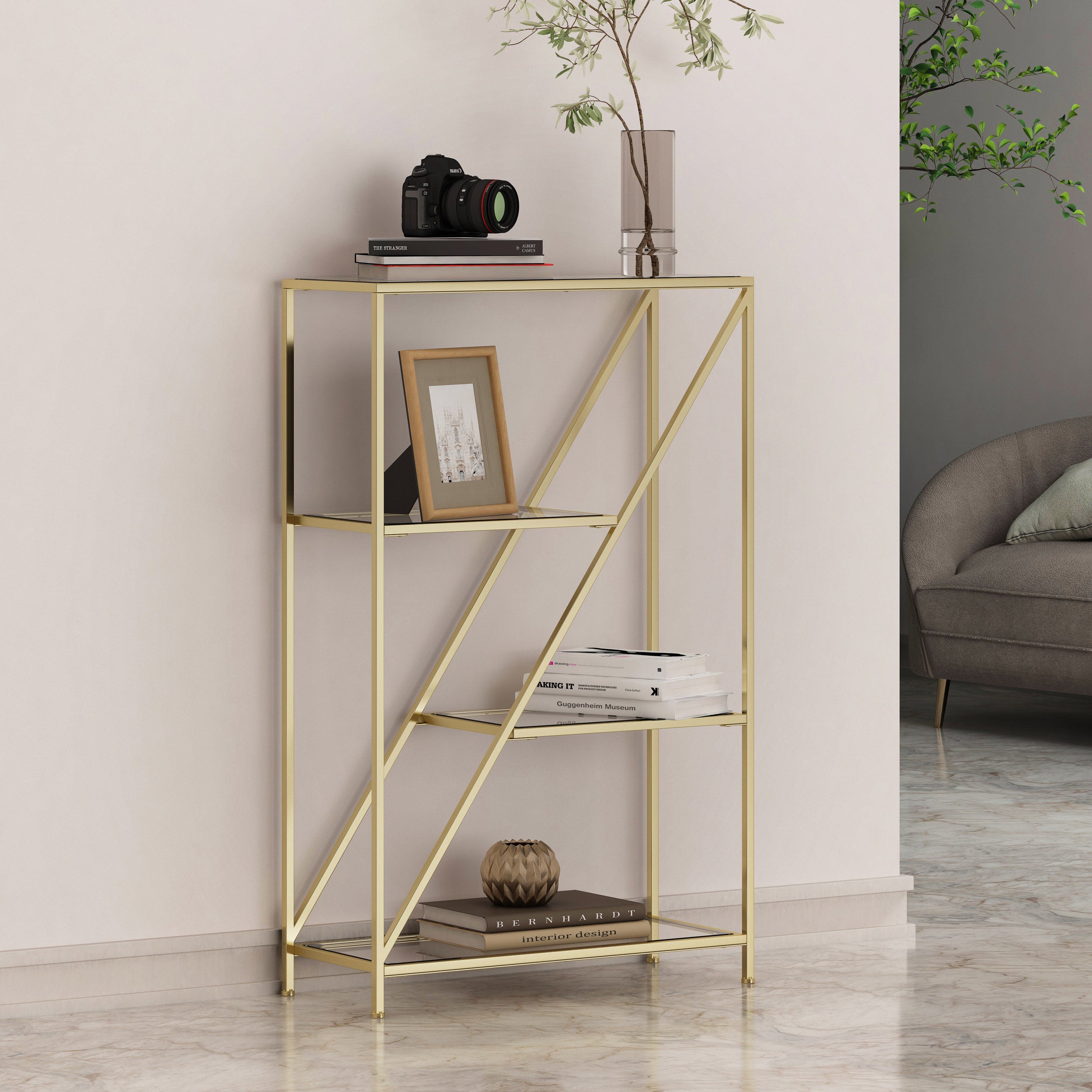 Wallner Modern Glam Tempered Glass 3 Shelf Asymmetrical Bookcase, Gold