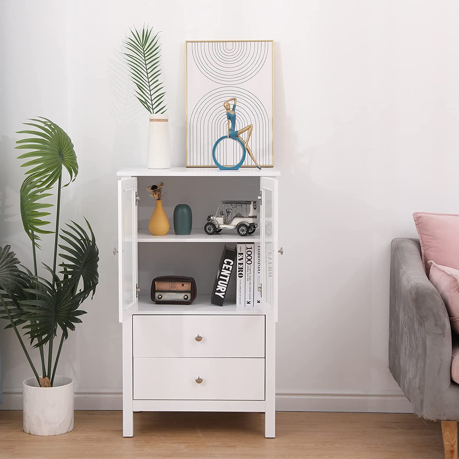 Yoleny Storage Cabinet， 2 Drawers，Transparent Glass Doors， White Wood Sideboard with Shelves for Kitchen Dining Room Furniture