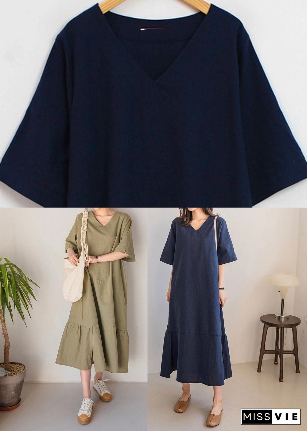 Navy Side Open Solid Long Dresses Short Sleeve