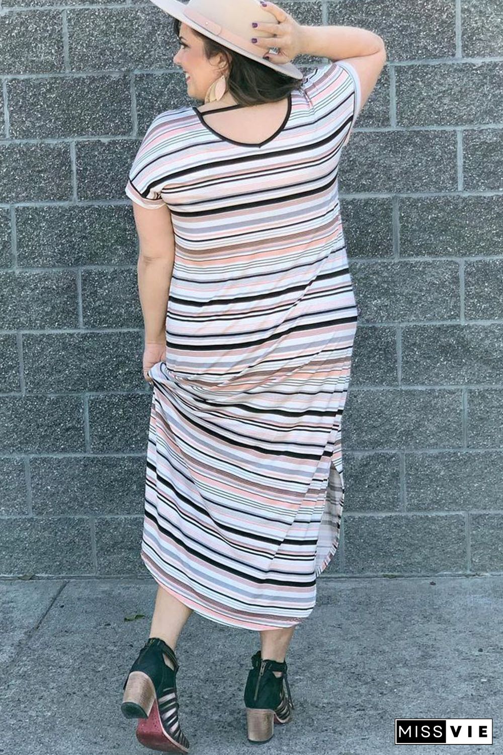 White Striped Print V Neck Side Split Plus Size Dress