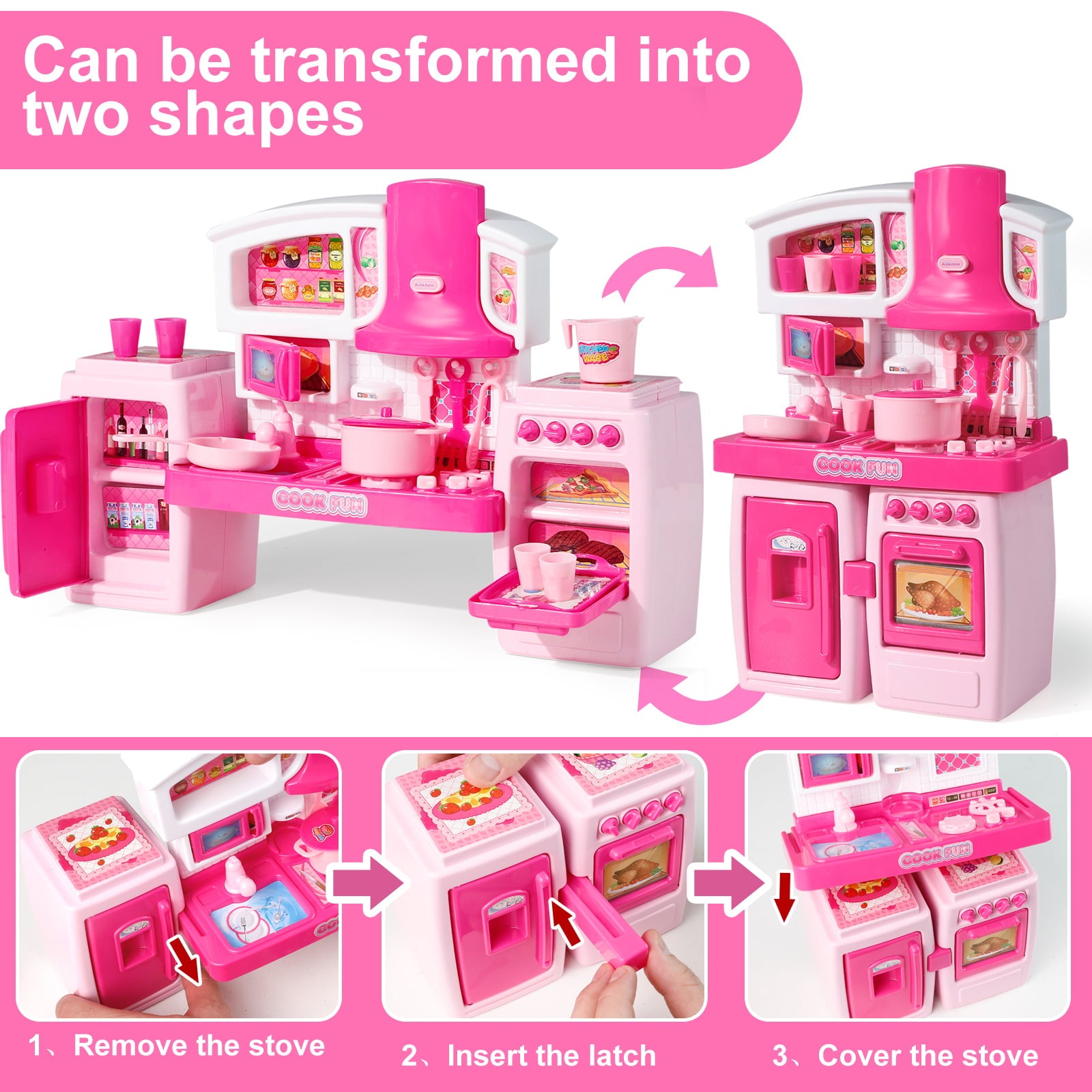 Play Kitchen Toys for Girls 3-6 Years Mini Oven Playset Pretend Food Cooking Pink Kitchen Toys for Toddlers Sounds and Light Stove (Miniature - Barbie doll Size)