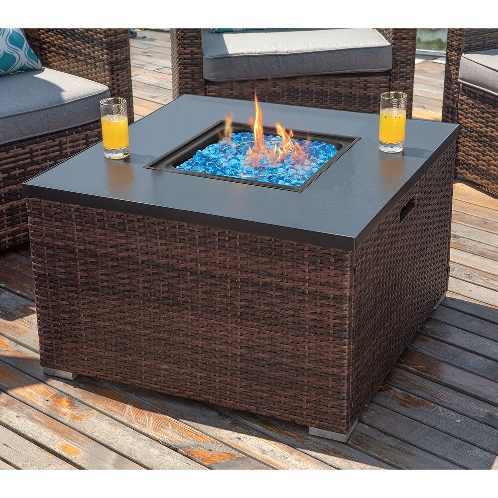 COSIEST Outdoor Propane Fire Pit Espresso Wicker Fire Table  Fire Glass