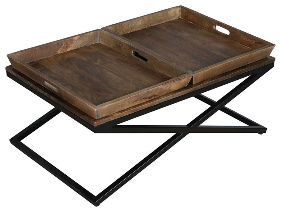 38 Inch Mango Wood Farmhouse Coffee Table  2 Trays  X Iron Base  Brown  ampBlack   Industrial   Coffee Tables   by Homesquare  Houzz