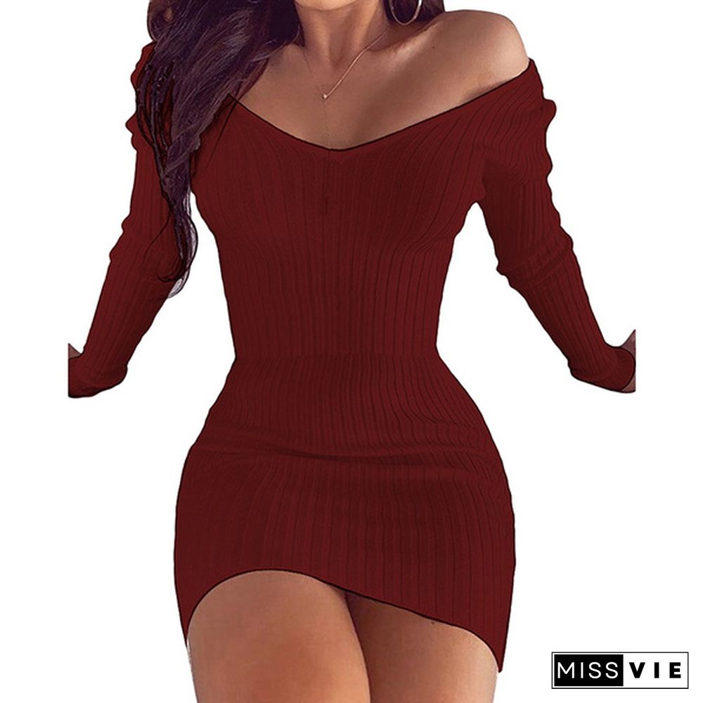 Fashion Women V-neck Bodycon Sexy Knitted Dresses Petal Cuff Pullover Mini solid Dress for Woman