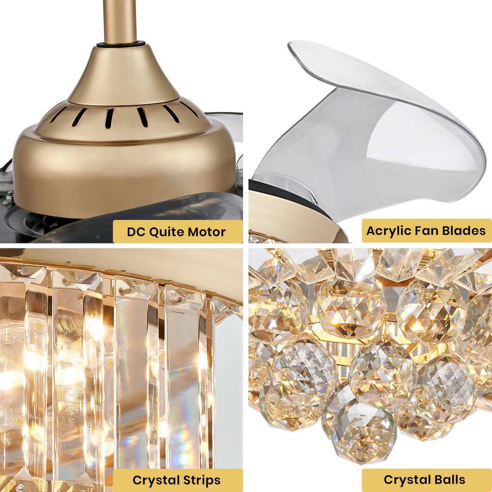 ANTOINE 36 in Integrated LED Indoor Gold Crystal Chandelier Retractable Blades Ceiling Fan with Light and Remote