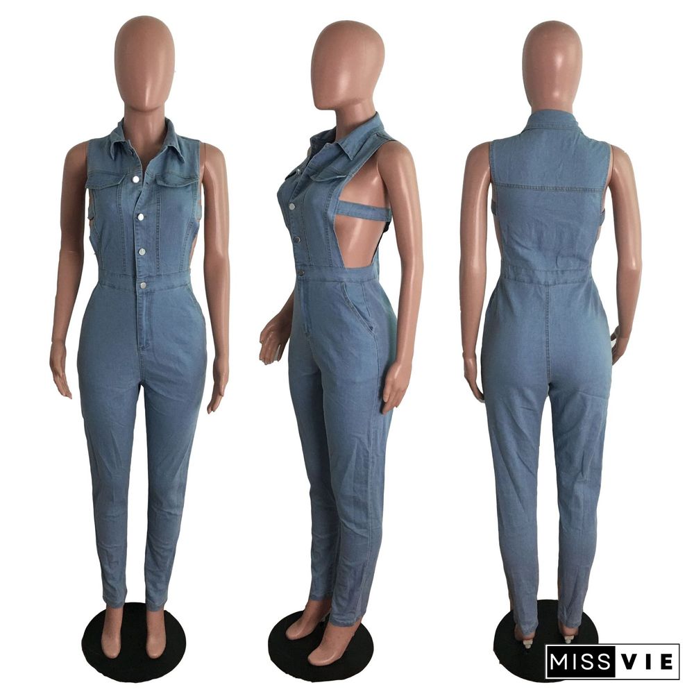 Plus Size Solid Sleeveless Side Hollow Out Button Up High Waist Bodycon Summer Denim Women Jumpsuits