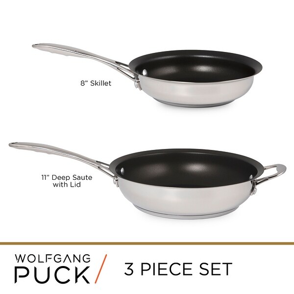 Wolfgang Puck 3-Piece Stainless Steel Skillet Set， Scratch-Resistant Non-Stick Coating， Includes a Large and Small Skillet