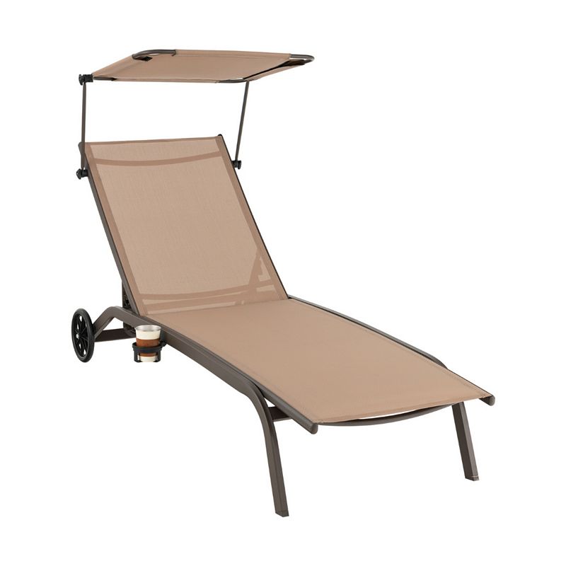 Patio Heavy-Duty Adjustable Chaise Lounge Chair with Canopy Cup holder and Wheels-Brown