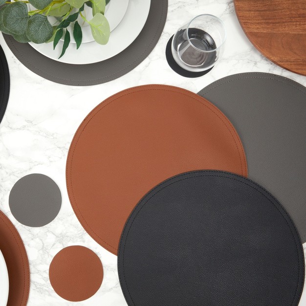 Juvale Set Of 6 Faux Leather Circle Placemats And 6 Round Coasters For Dining Room Table Brown