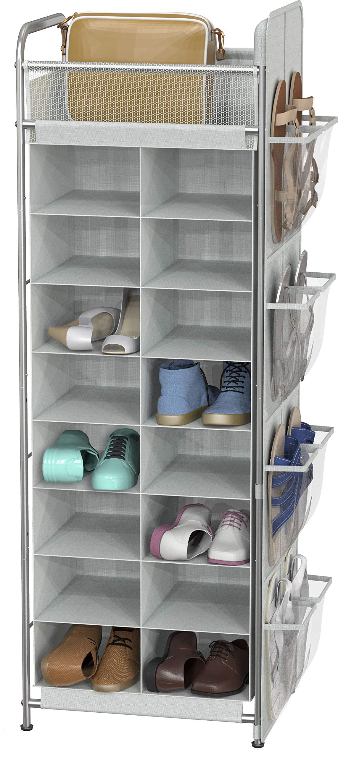 Simple Houseware Shoe Stand Tower Rack w/ side hanging bag 20-Pair， Grey